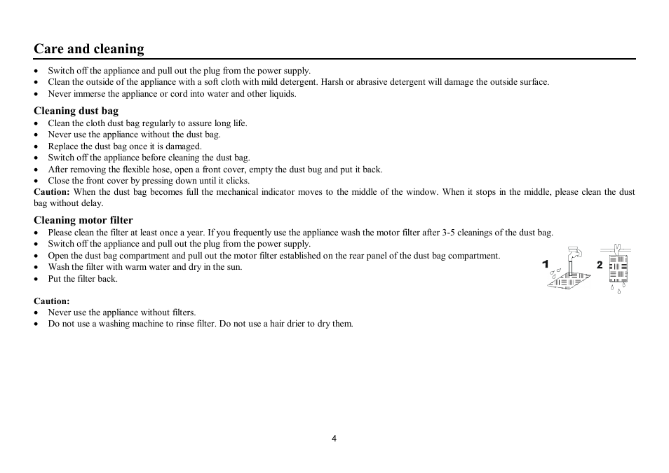 Care and cleaning | Hyundai H-VC1593 User Manual | Page 4 / 9