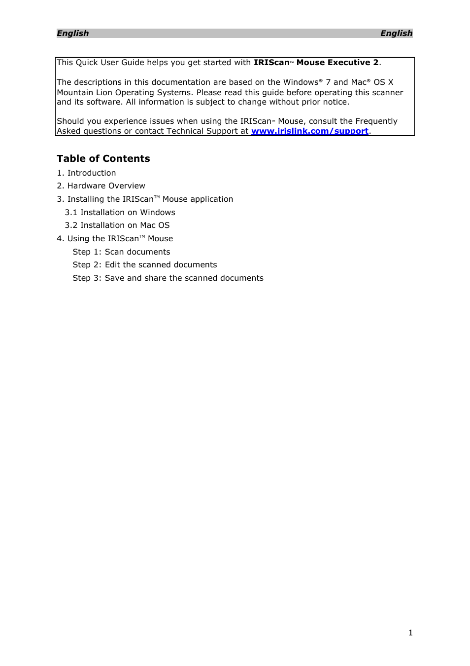 I.R.I.S. IRISCan Mouse Executive User Manual | 10 pages