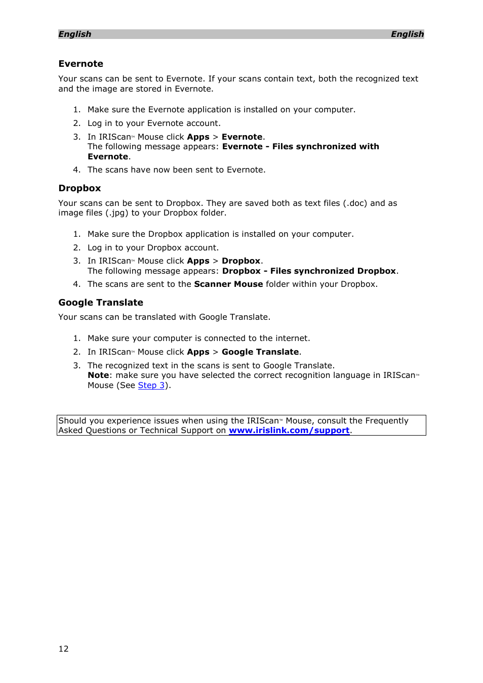 Evernote, Dropbox, Google translate | I.R.I.S. IRISCan Mouse Executive User Manual | Page 10 / 10