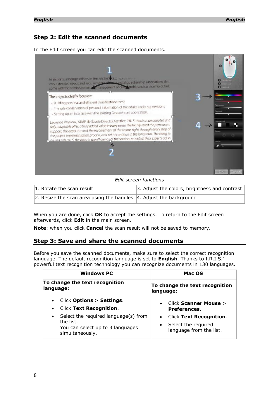 Step 2: edit the scanned documents, Step 3: save and share the scanned documents | I.R.I.S. IRISCan Mouse Executive User Manual | Page 6 / 10