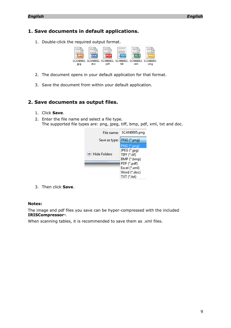 Save documents in default applications, Save documents as output files | I.R.I.S. IRISCan Mouse Executive User Manual | Page 7 / 10