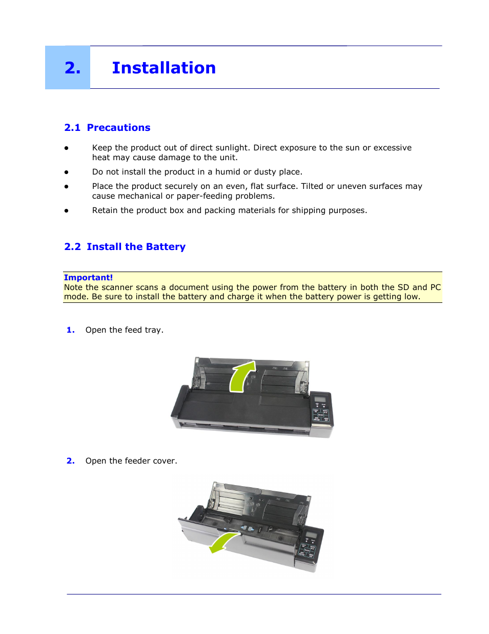 Installation, 1 precautions, 2 install the battery | Installation -1, Precautions -1, Install the battery -1 | I.R.I.S. IRIScan Pro 3 Wi-Fi User Guide User Manual | Page 14 / 85
