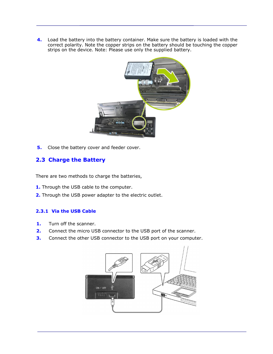 3 charge the battery, 1 via the usb cable, Charge the battery -3 | Via the usb cable -3 | I.R.I.S. IRIScan Pro 3 Wi-Fi User Guide User Manual | Page 16 / 85