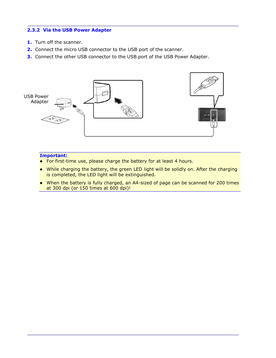 2 via the usb power adapter, Via the usb power adapter -4 | I.R.I.S. IRIScan Pro 3 Wi-Fi User Guide User Manual | Page 17 / 85
