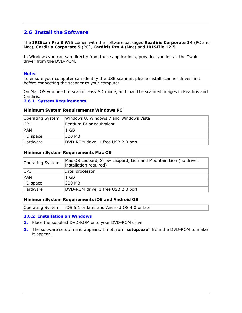 6 install the software, 1 system requirements, 2 installation on windows | Install the software -8, System requirements -8, Installation on windows -8 | I.R.I.S. IRIScan Pro 3 Wi-Fi User Guide User Manual | Page 21 / 85