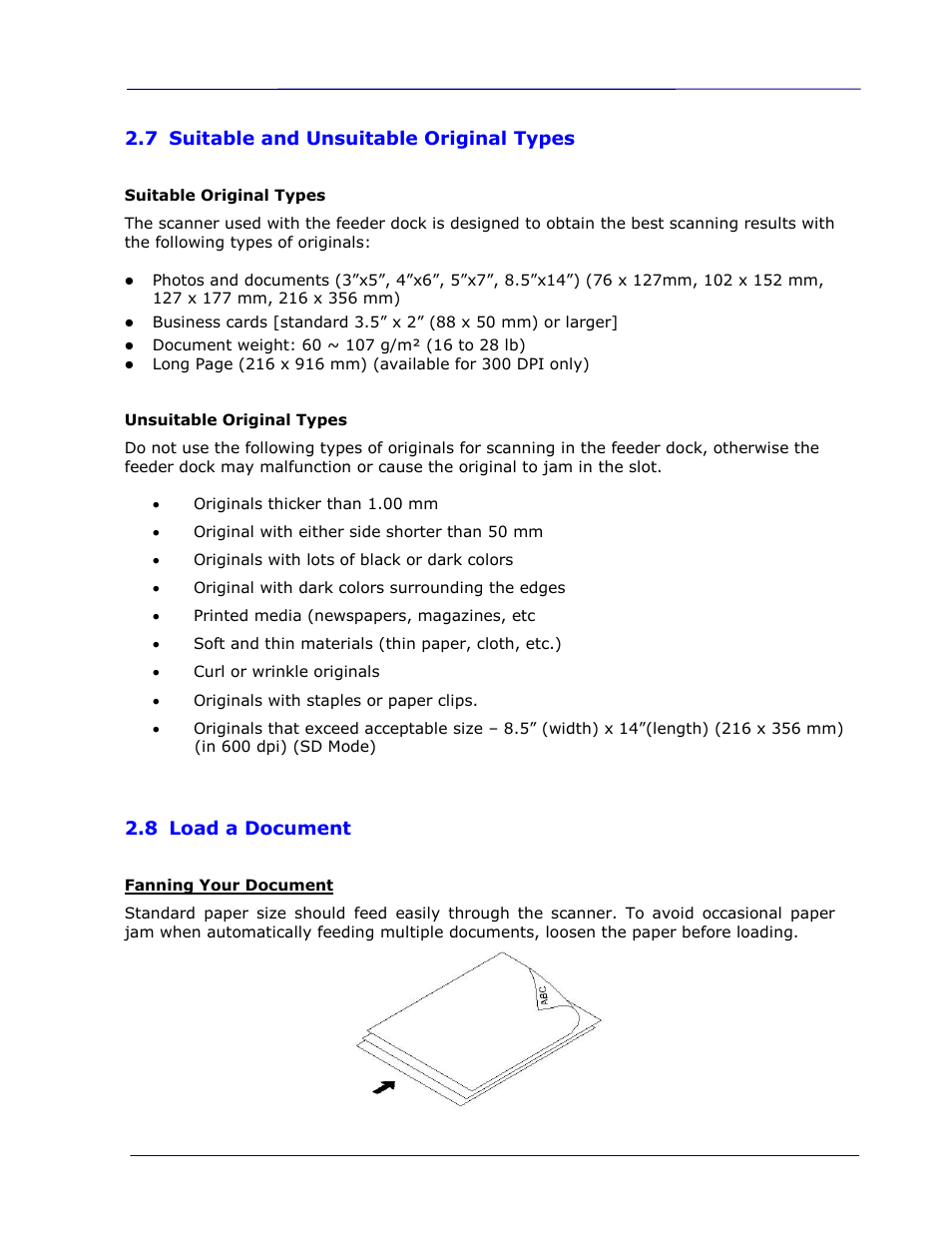 7 suitable and unsuitable original types, 8 load a document, Suitable and unsuitable original types -11 | Load a document -11 | I.R.I.S. IRIScan Pro 3 Wi-Fi User Guide User Manual | Page 24 / 85