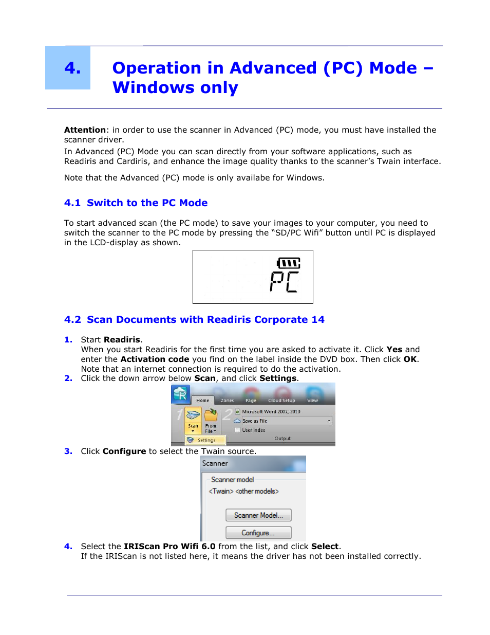 Operation in advanced (pc) mode – windows only, 1 switch to the pc mode, 2 scan documents with readiris corporate 14 | Operation in advanced (pc) mode – windows only -1, Switch to the pc mode -1, Scan documents with readiris corporate 14 -1 | I.R.I.S. IRIScan Pro 3 Wi-Fi User Guide User Manual | Page 36 / 85