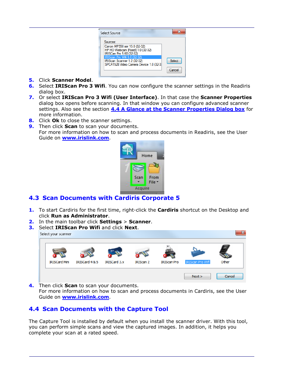 3 scan documents with cardiris corporate 5, 4 scan documents with the capture tool, Scan documents with cardiris corporate 5 -2 | Scan documents with the capture tool -2 | I.R.I.S. IRIScan Pro 3 Wi-Fi User Guide User Manual | Page 37 / 85