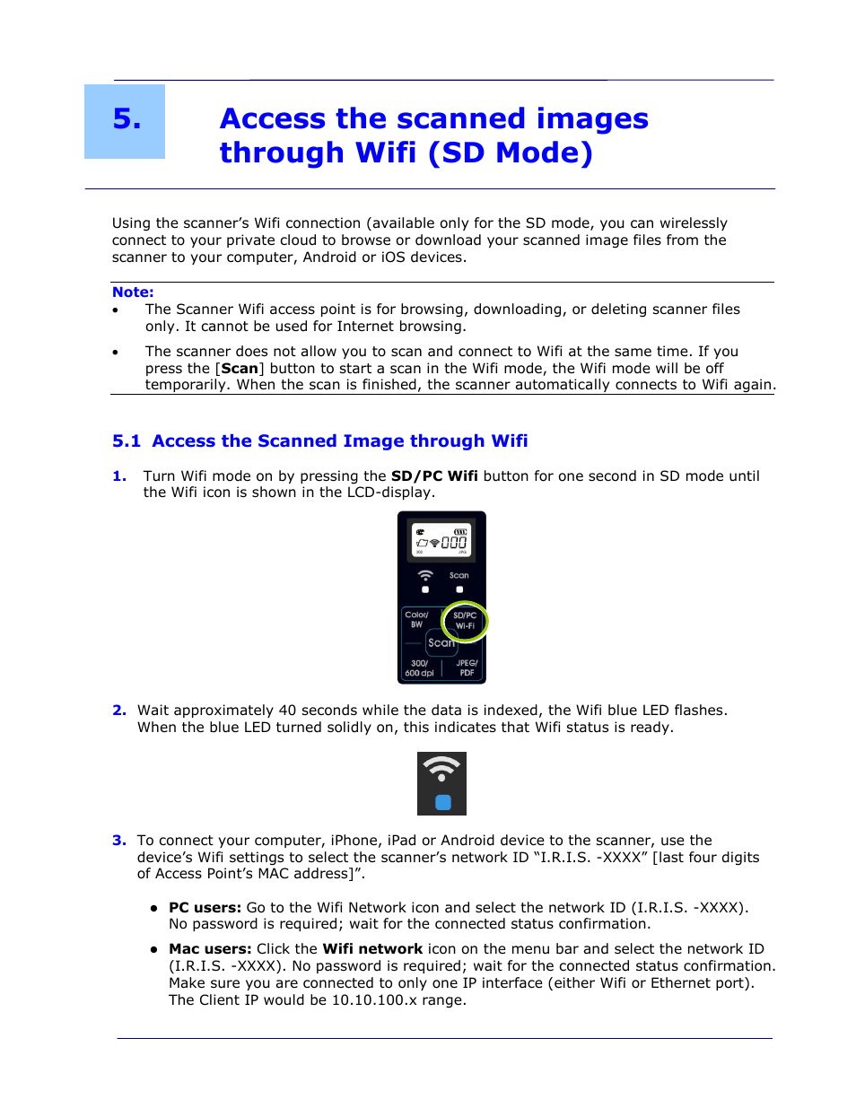 Access the scanned images through wifi (sd mode), 1 access the scanned image through wifi, Access the scanned image through wifi -1 | I.R.I.S. IRIScan Pro 3 Wi-Fi User Guide User Manual | Page 41 / 85