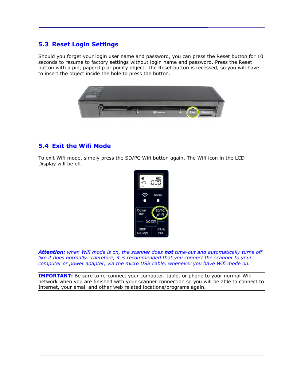 3 reset login settings, 4 exit the wifi mode, Reset login settings -5 | Exit the wifi mode -5 | I.R.I.S. IRIScan Pro 3 Wi-Fi User Guide User Manual | Page 45 / 85