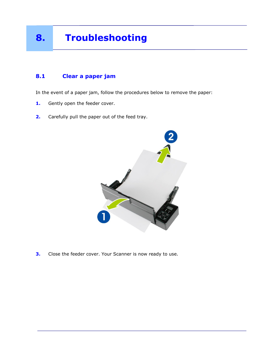 Troubleshooting, 1 clear a paper jam, Troubleshooting -1 | Clear a paper jam -1 | I.R.I.S. IRIScan Pro 3 Wi-Fi User Guide User Manual | Page 77 / 85