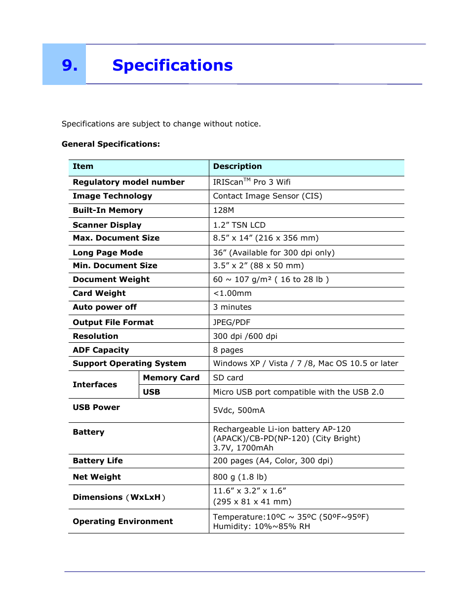 Specifications, Specifications -1 | I.R.I.S. IRIScan Pro 3 Wi-Fi User Guide User Manual | Page 84 / 85