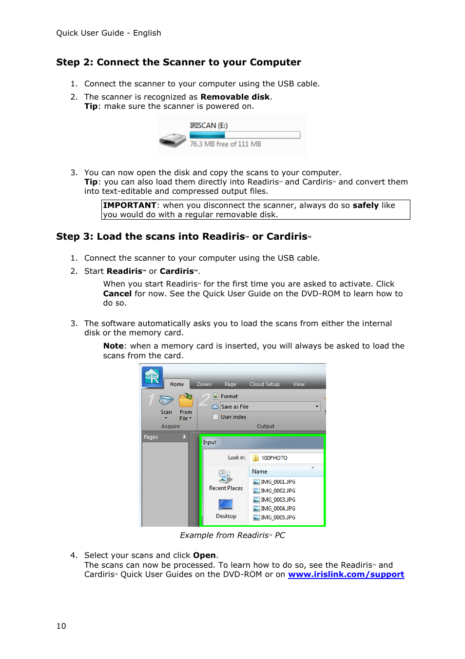 Step 2: connect the scanner to your computer, Step 3: load the scans into readiris, Or cardiris | I.R.I.S. IRIScan Pro 3 Wi-Fi Quick Start User Manual | Page 10 / 166