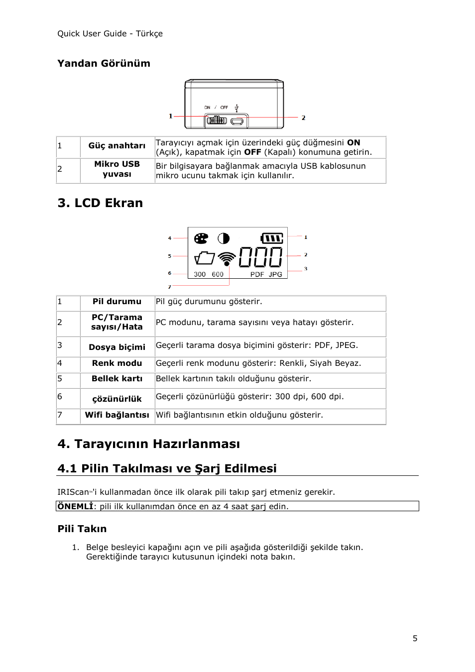 Yandan görünüm, Lcd ekran, Tarayıcının hazırlanması | 1 pilin takılması ve şarj edilmesi, Pili takın | I.R.I.S. IRIScan Pro 3 Wi-Fi Quick Start User Manual | Page 108 / 166