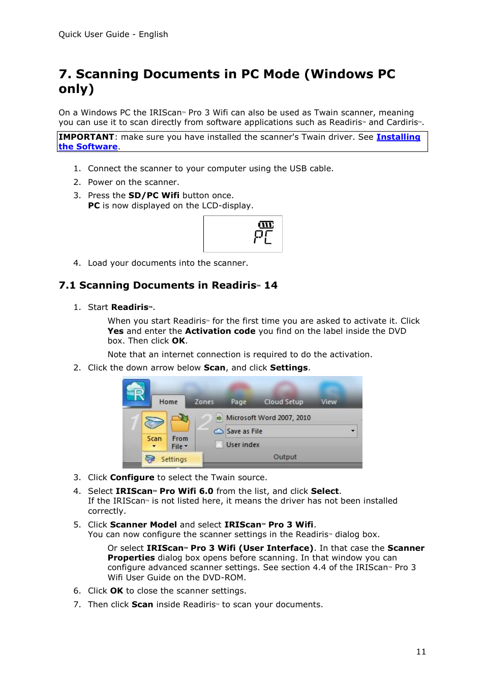 Scanning documents in pc mode (windows pc only), 1 scanning documents in readiristm 14, 1 scanning documents in readiris | I.R.I.S. IRIScan Pro 3 Wi-Fi Quick Start User Manual | Page 11 / 166