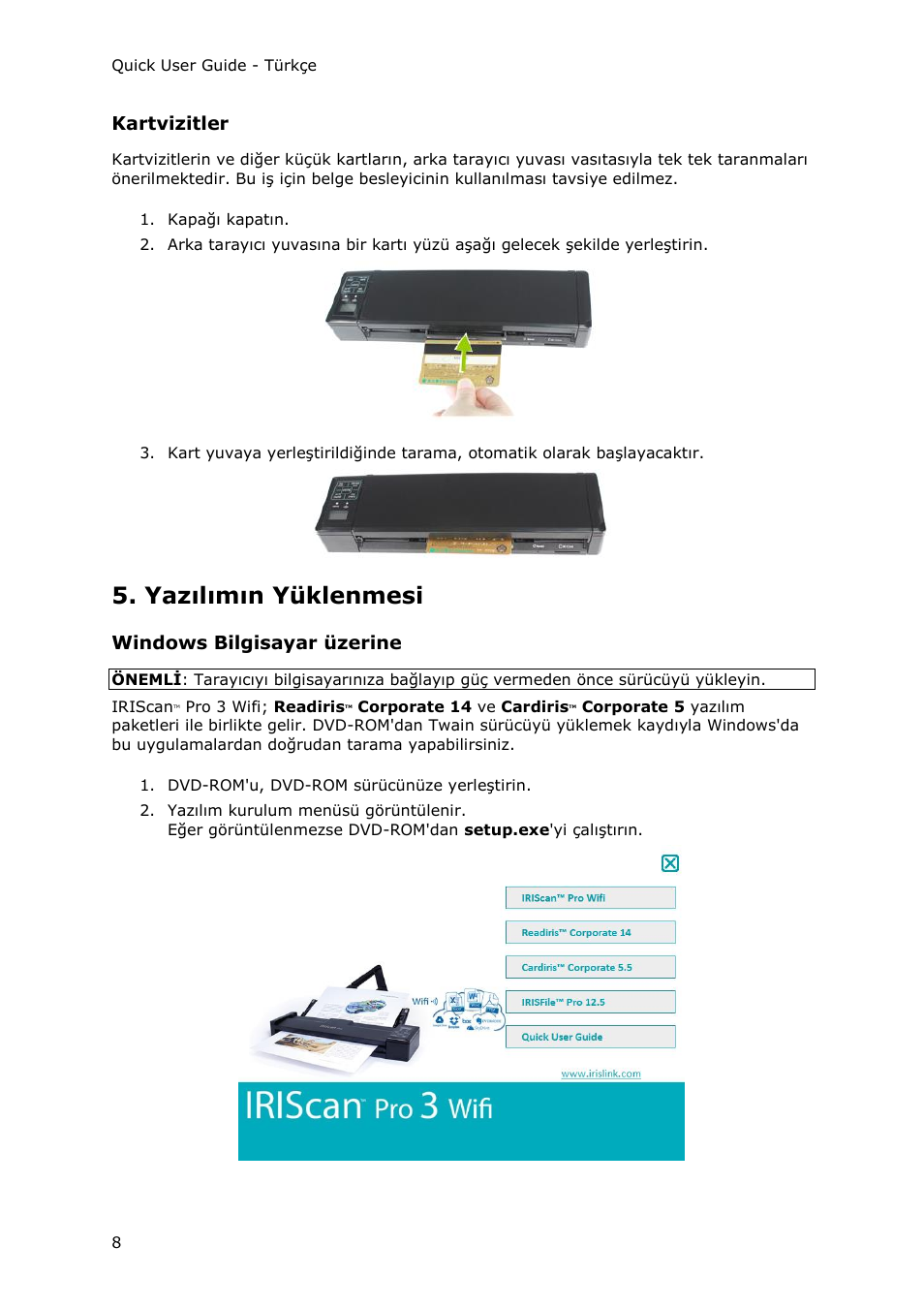 Kartvizitler, Yazılımın yüklenmesi, Windows bilgisayar üzerine | I.R.I.S. IRIScan Pro 3 Wi-Fi Quick Start User Manual | Page 111 / 166