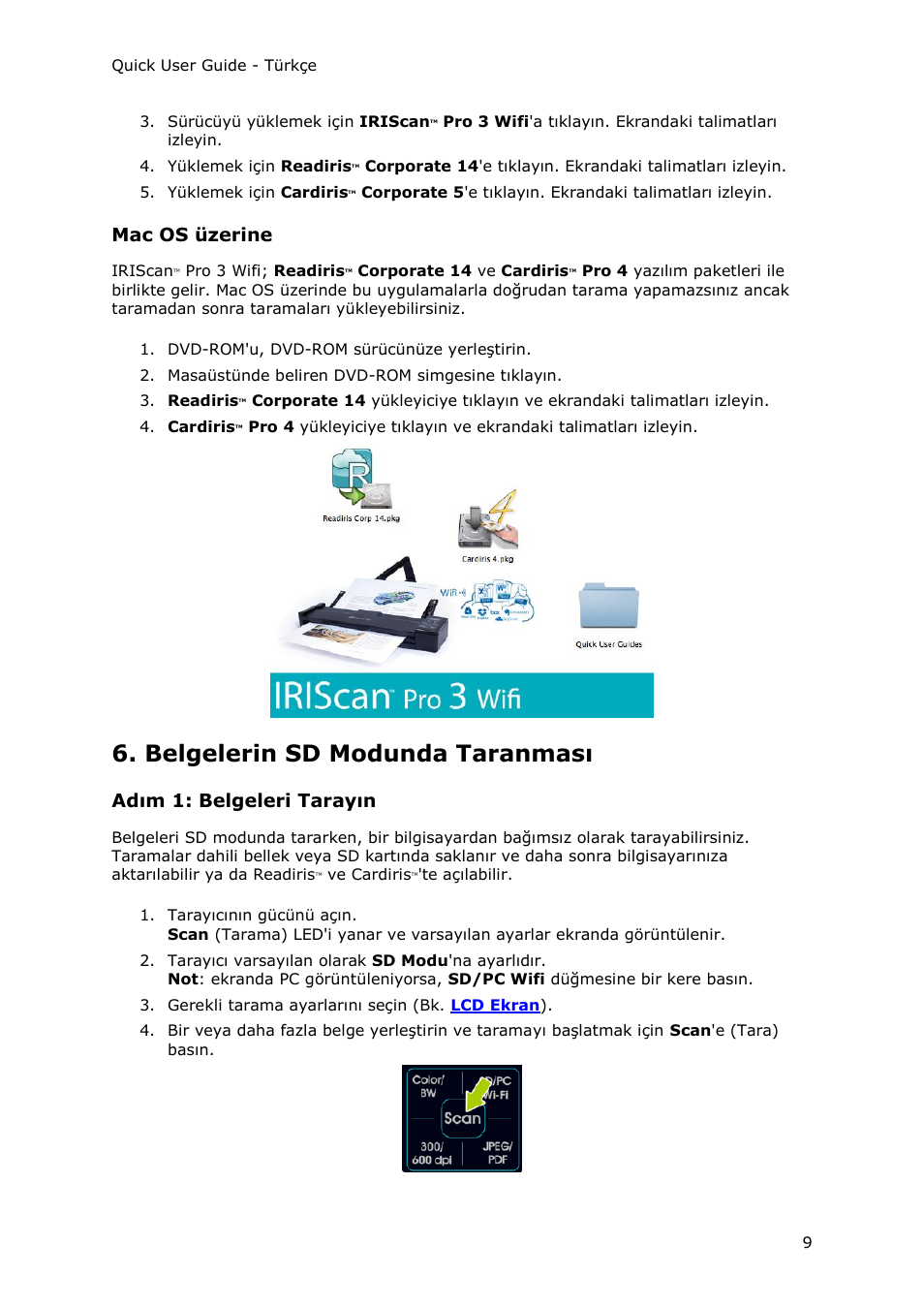 Mac os üzerine, Belgelerin sd modunda taranması, Adım 1: belgeleri tarayın | I.R.I.S. IRIScan Pro 3 Wi-Fi Quick Start User Manual | Page 112 / 166