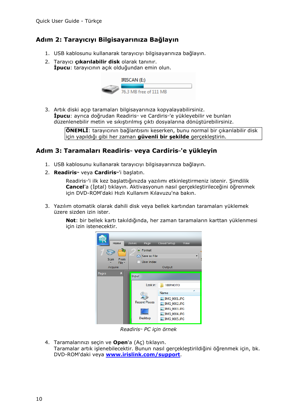 Adım 2: tarayıcıyı bilgisayarınıza bağlayın, Adım 3: taramaları readiris, Veya cardiris | E yükleyin | I.R.I.S. IRIScan Pro 3 Wi-Fi Quick Start User Manual | Page 113 / 166