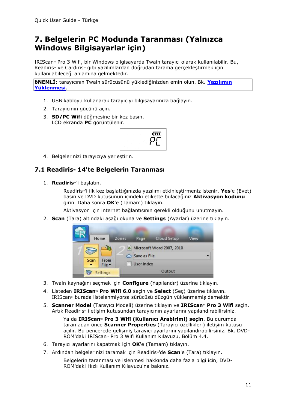 1 readiristm 14'te belgelerin taranması, 1 readiris, 14'te belgelerin taranması | I.R.I.S. IRIScan Pro 3 Wi-Fi Quick Start User Manual | Page 114 / 166