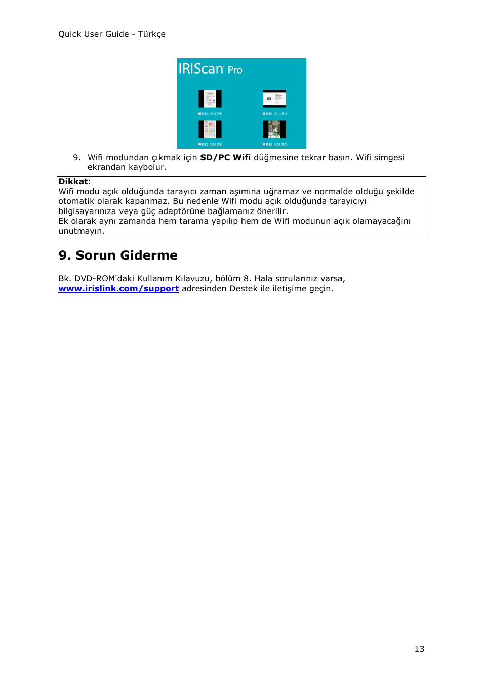 Sorun giderme | I.R.I.S. IRIScan Pro 3 Wi-Fi Quick Start User Manual | Page 116 / 166