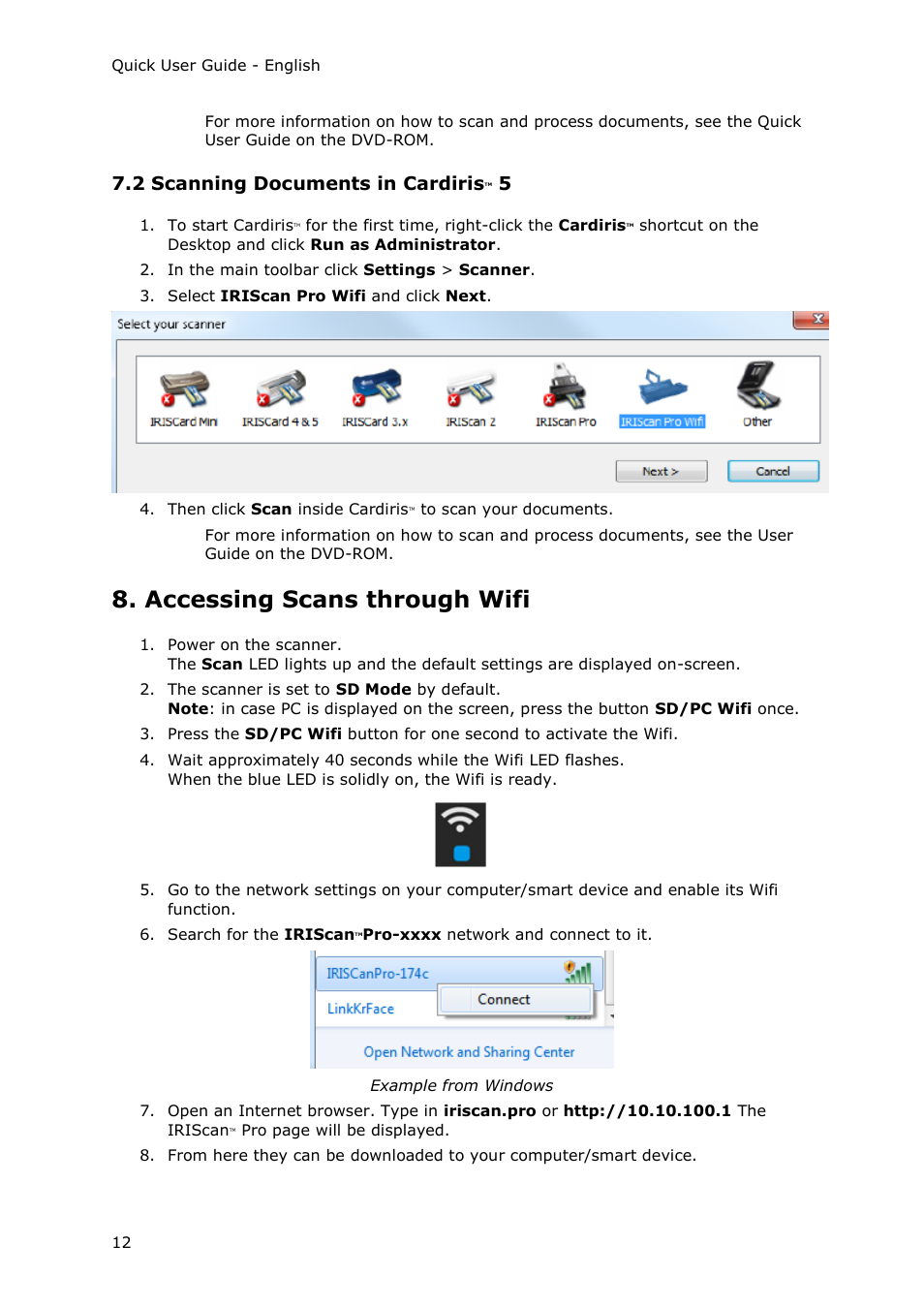 2 scanning documents in cardiristm 5, Accessing scans through wifi, 2 scanning documents in cardiris | I.R.I.S. IRIScan Pro 3 Wi-Fi Quick Start User Manual | Page 12 / 166