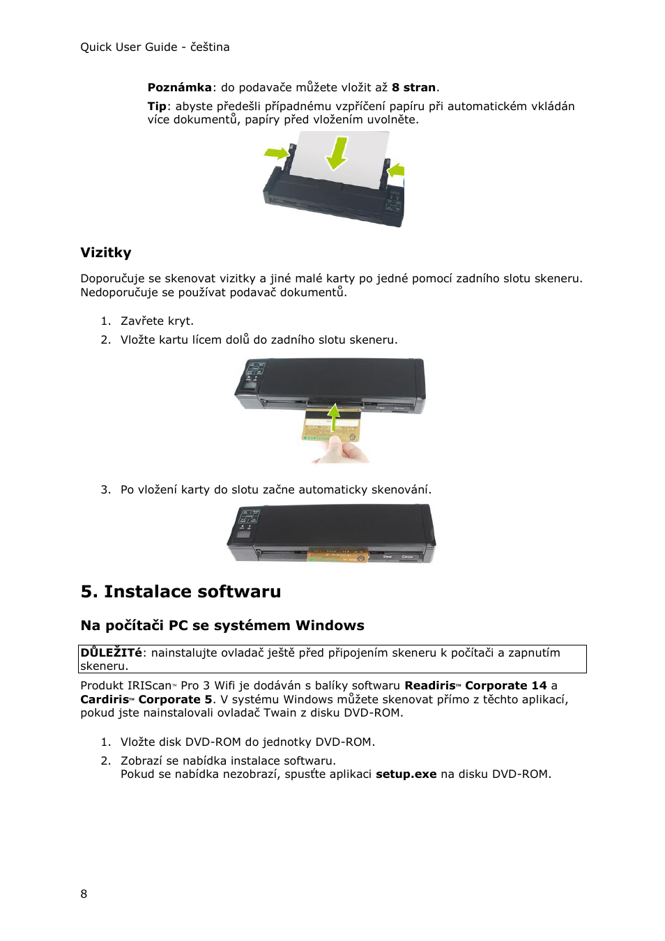 Vizitky, Instalace softwaru, Na počítači pc se systémem windows | I.R.I.S. IRIScan Pro 3 Wi-Fi Quick Start User Manual | Page 123 / 166