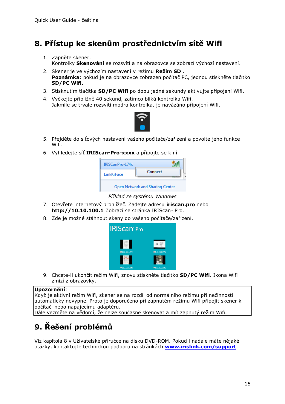 Přístup ke skenům prostřednictvím sítě wifi, Řešení problémů | I.R.I.S. IRIScan Pro 3 Wi-Fi Quick Start User Manual | Page 128 / 166