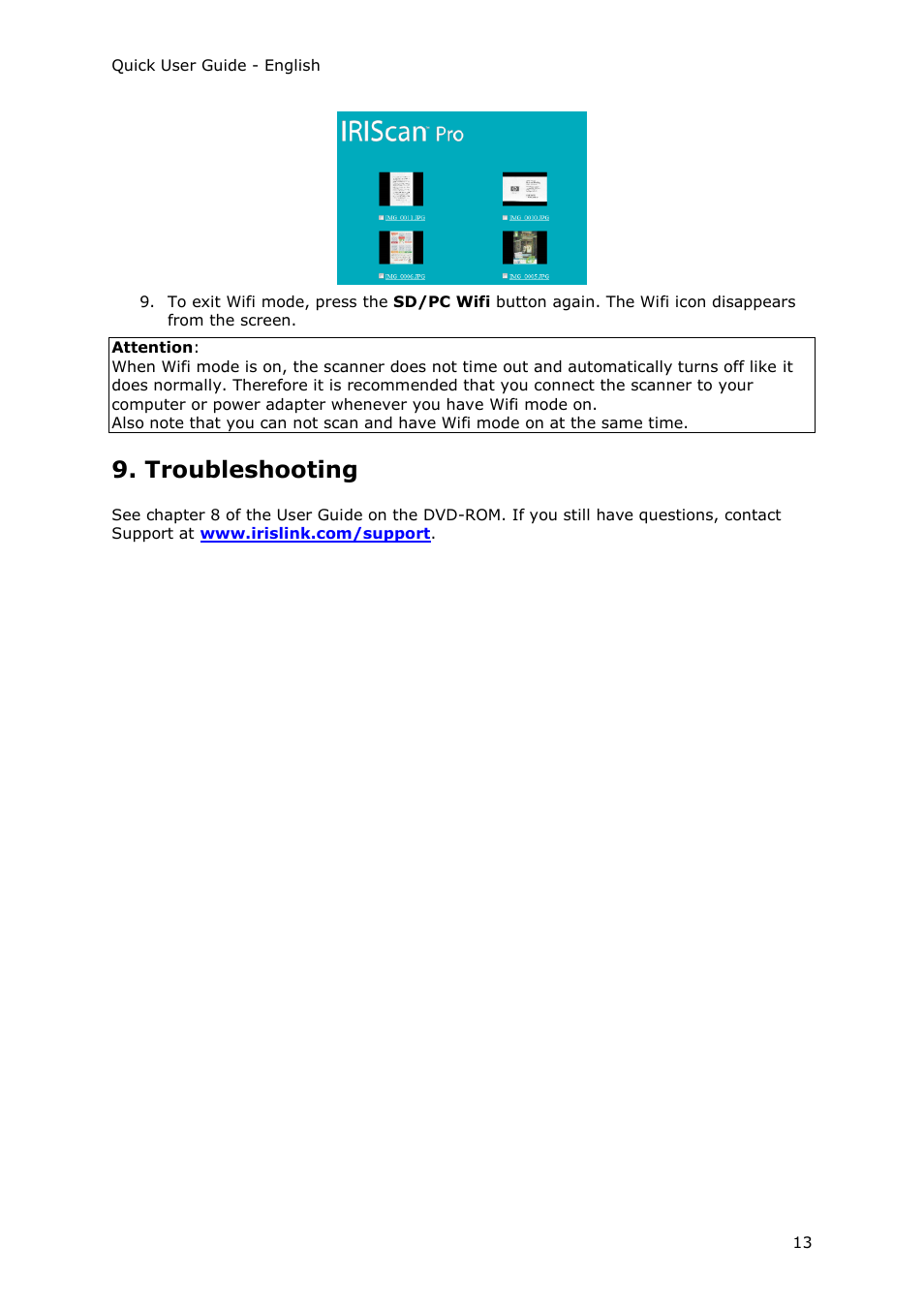 Troubleshooting | I.R.I.S. IRIScan Pro 3 Wi-Fi Quick Start User Manual | Page 13 / 166