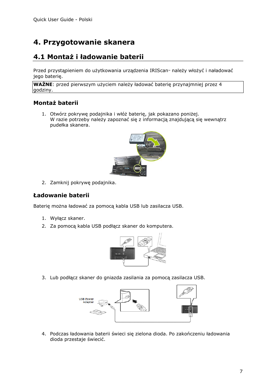 Przygotowanie skanera, 1 montaż i ładowanie baterii, Montaż baterii | Ładowanie baterii | I.R.I.S. IRIScan Pro 3 Wi-Fi Quick Start User Manual | Page 133 / 166