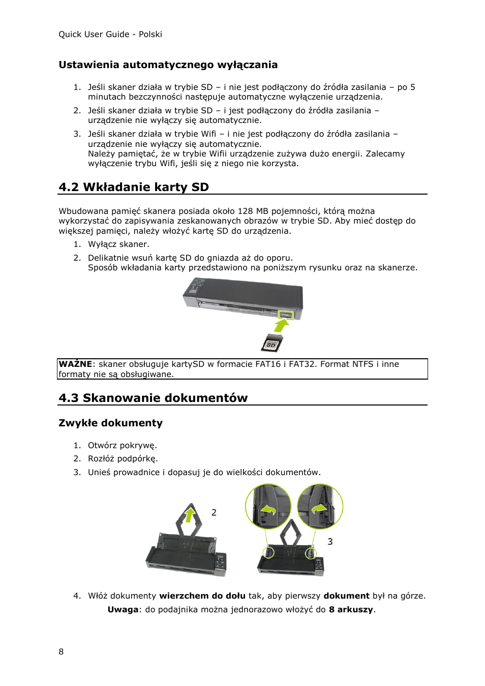 Ustawienia automatycznego wyłączania, 2 wkładanie karty sd, 3 skanowanie dokumentów | Zwykłe dokumenty | I.R.I.S. IRIScan Pro 3 Wi-Fi Quick Start User Manual | Page 134 / 166