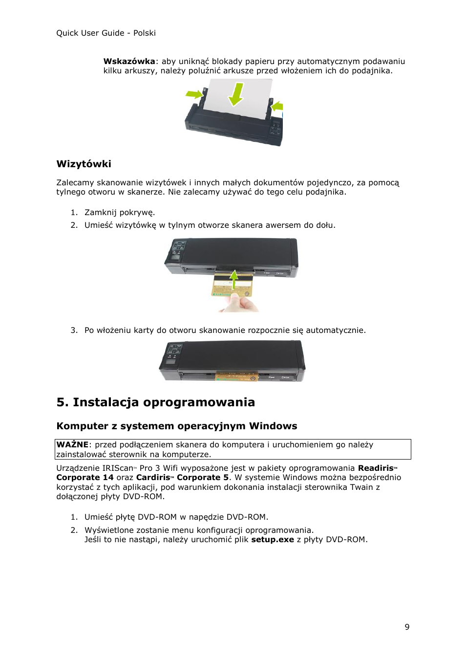 Wizytówki, Instalacja oprogramowania, Komputer z systemem operacyjnym windows | I.R.I.S. IRIScan Pro 3 Wi-Fi Quick Start User Manual | Page 135 / 166