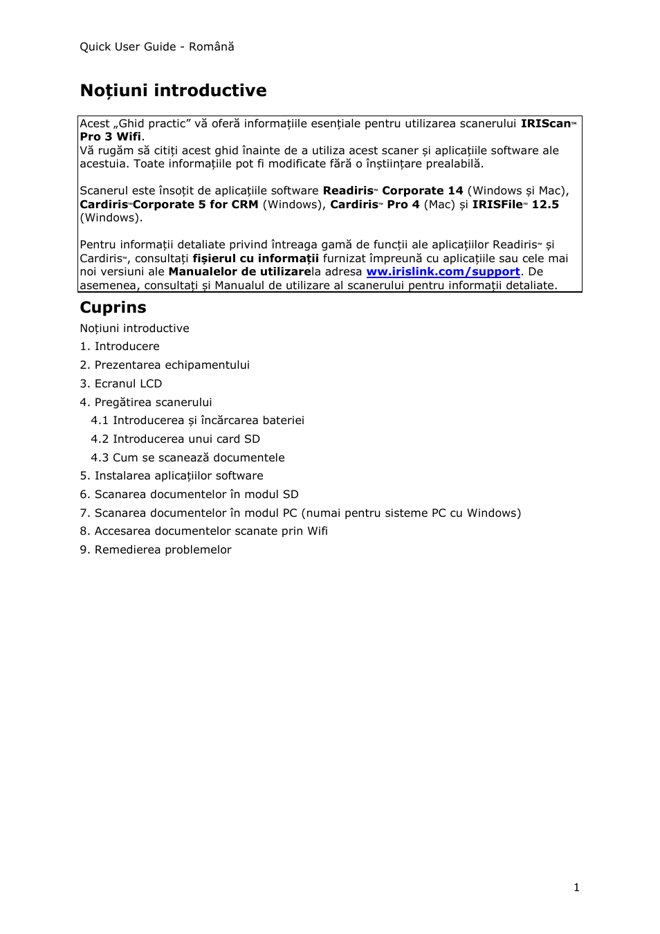 Romanian, Noțiuni introductive, Cuprins | I.R.I.S. IRIScan Pro 3 Wi-Fi Quick Start User Manual | Page 142 / 166
