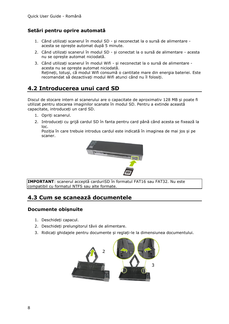 Setări pentru oprire automată, 2 introducerea unui card sd, 3 cum se scanează documentele | Documente obișnuite | I.R.I.S. IRIScan Pro 3 Wi-Fi Quick Start User Manual | Page 147 / 166
