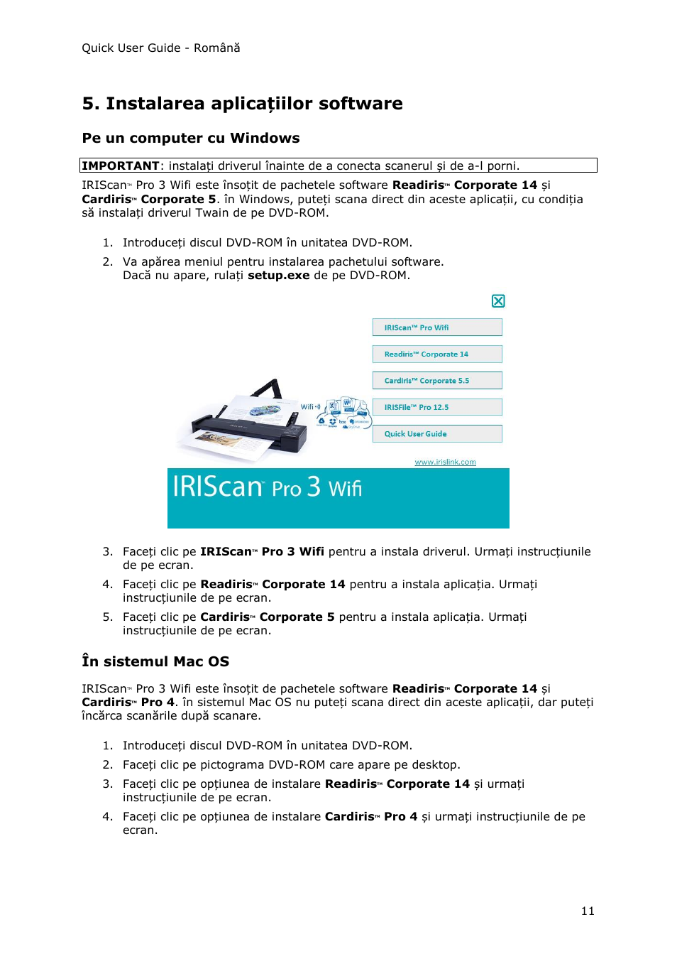 Instalarea aplicațiilor software, Pe un computer cu windows, În sistemul mac os | I.R.I.S. IRIScan Pro 3 Wi-Fi Quick Start User Manual | Page 149 / 166