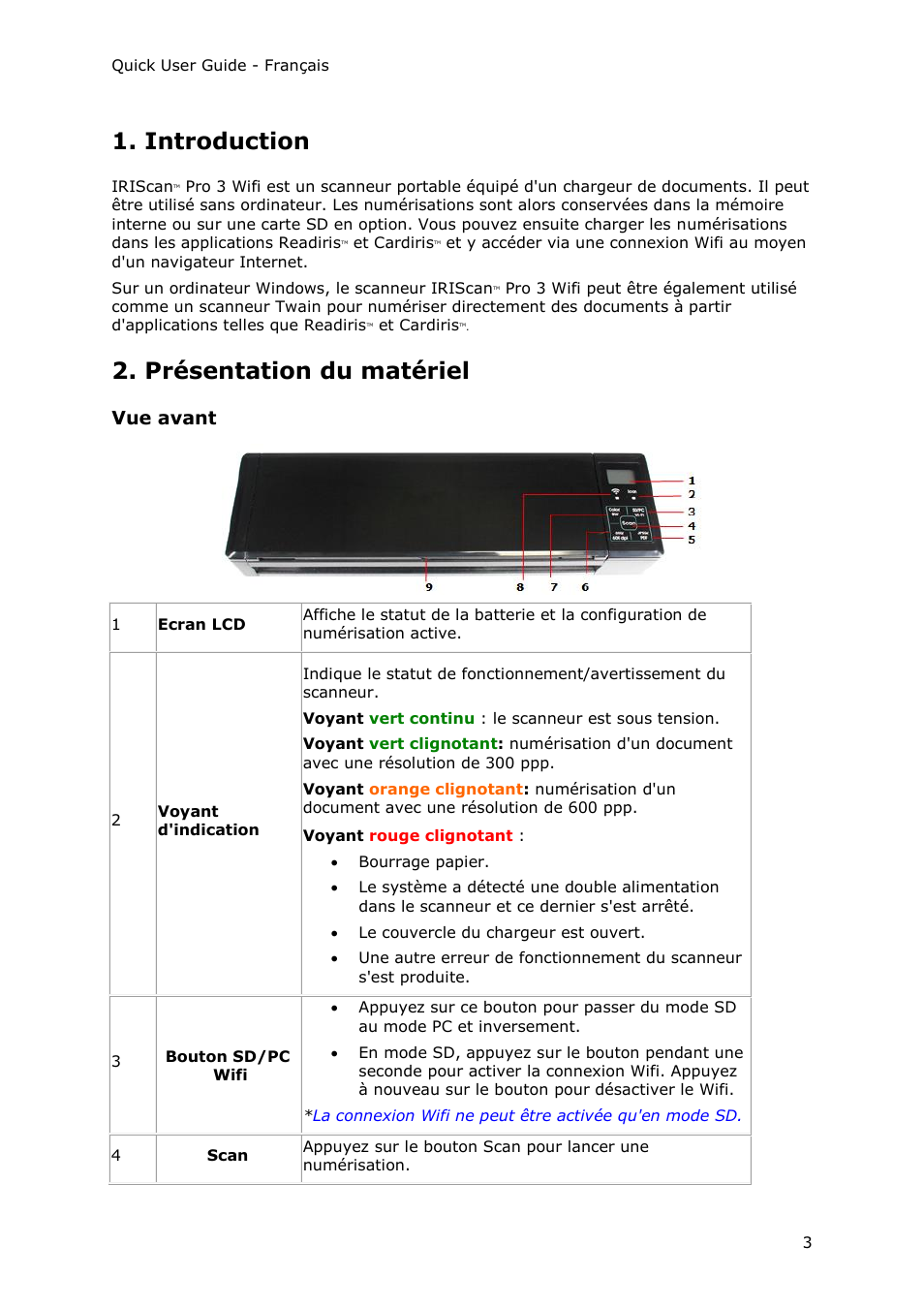 Introduction, Présentation du matériel, Vue avant | I.R.I.S. IRIScan Pro 3 Wi-Fi Quick Start User Manual | Page 15 / 166