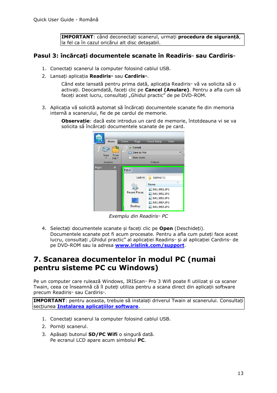 Pasul 3: încărcați documentele scanate în readiris, Sau cardiris | I.R.I.S. IRIScan Pro 3 Wi-Fi Quick Start User Manual | Page 151 / 166
