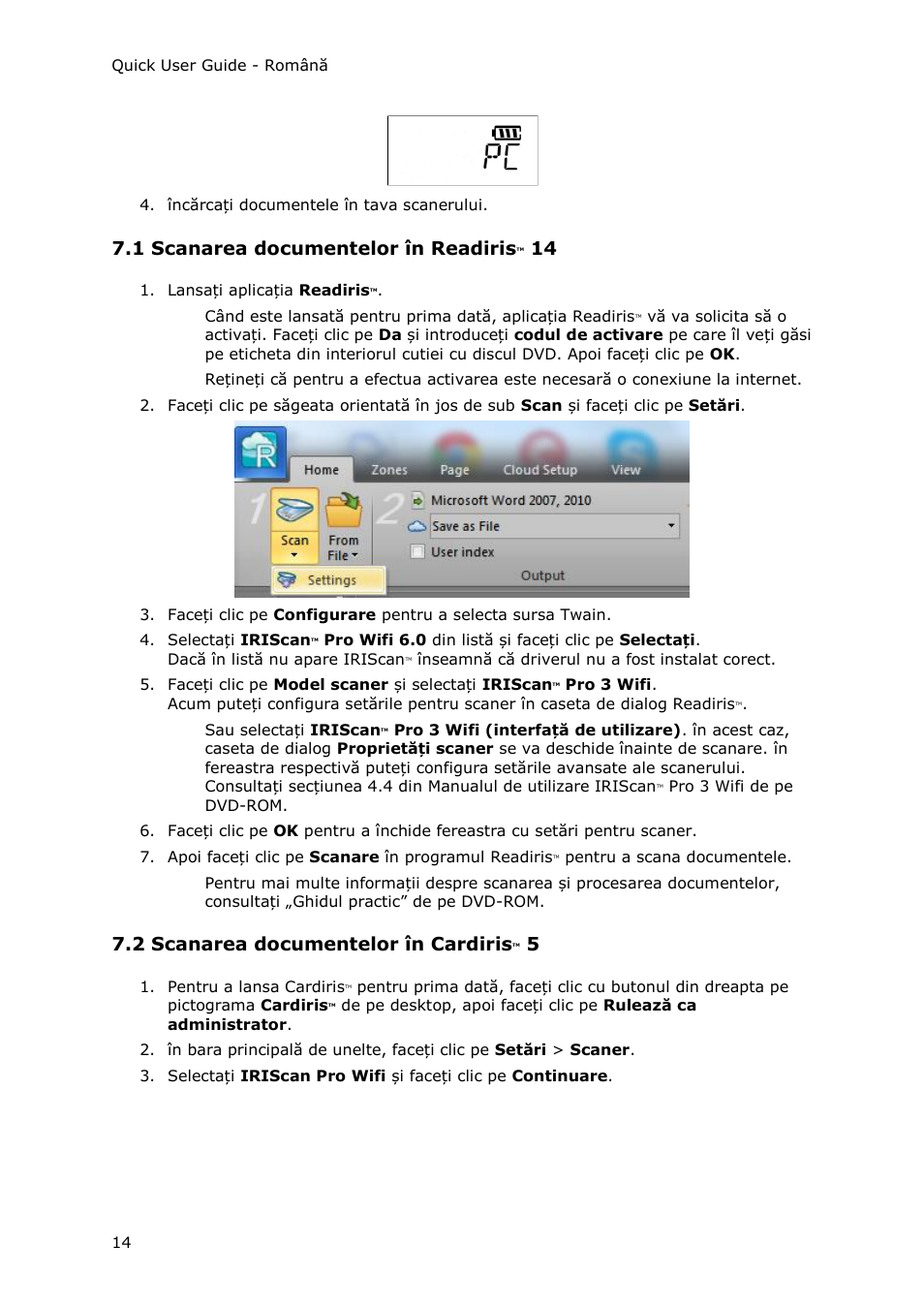 1 scanarea documentelor în readiristm 14, 2 scanarea documentelor în cardiristm 5, 1 scanarea documentelor în readiris | 2 scanarea documentelor în cardiris | I.R.I.S. IRIScan Pro 3 Wi-Fi Quick Start User Manual | Page 152 / 166