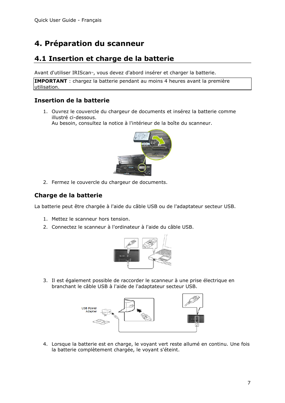 Préparation du scanneur, 1 insertion et charge de la batterie, Insertion de la batterie | Charge de la batterie | I.R.I.S. IRIScan Pro 3 Wi-Fi Quick Start User Manual | Page 18 / 166