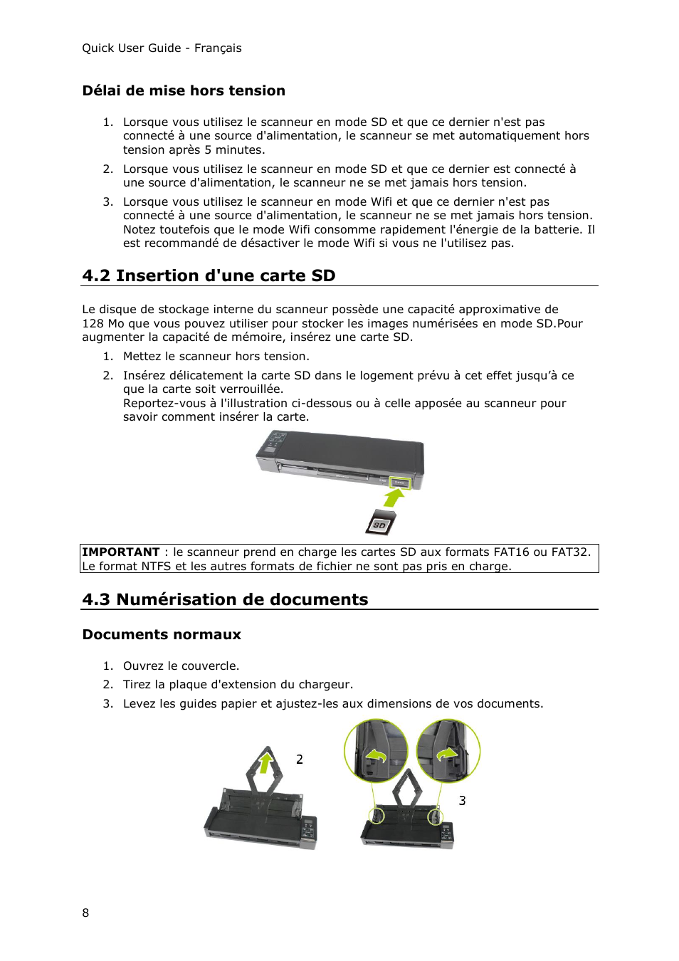 Délai de mise hors tension, 2 insertion d'une carte sd, 3 numérisation de documents | Documents normaux | I.R.I.S. IRIScan Pro 3 Wi-Fi Quick Start User Manual | Page 19 / 166