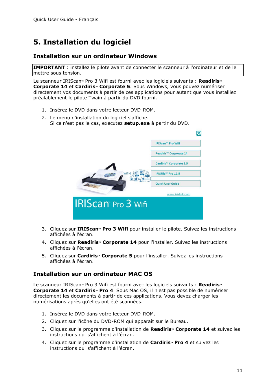 Installation du logiciel, Installation sur un ordinateur windows, Installation sur un ordinateur mac os | I.R.I.S. IRIScan Pro 3 Wi-Fi Quick Start User Manual | Page 21 / 166