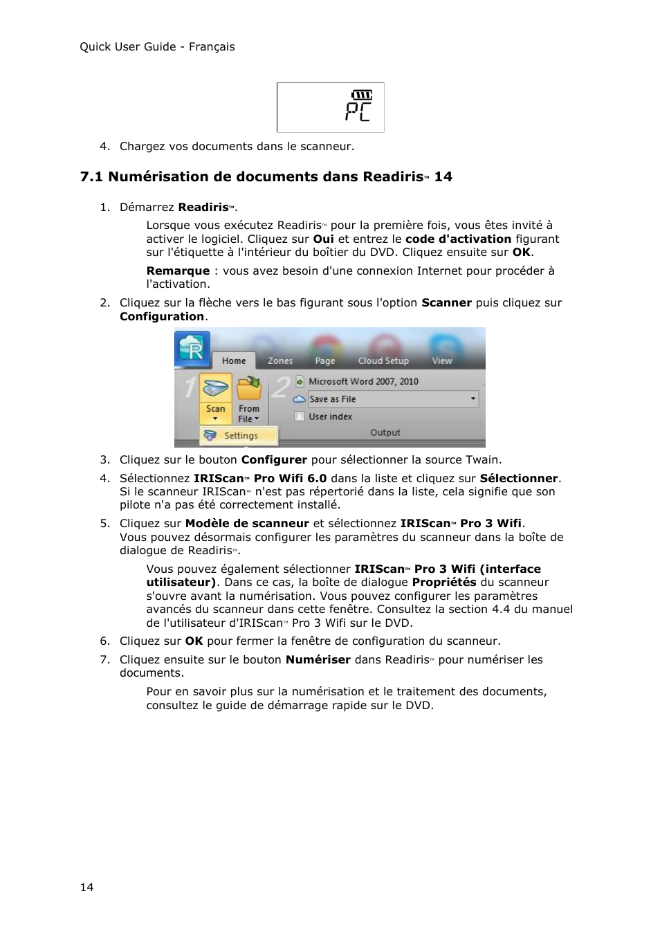 1 numérisation de documents dans readiristm 14, 1 numérisation de documents dans readiris | I.R.I.S. IRIScan Pro 3 Wi-Fi Quick Start User Manual | Page 24 / 166