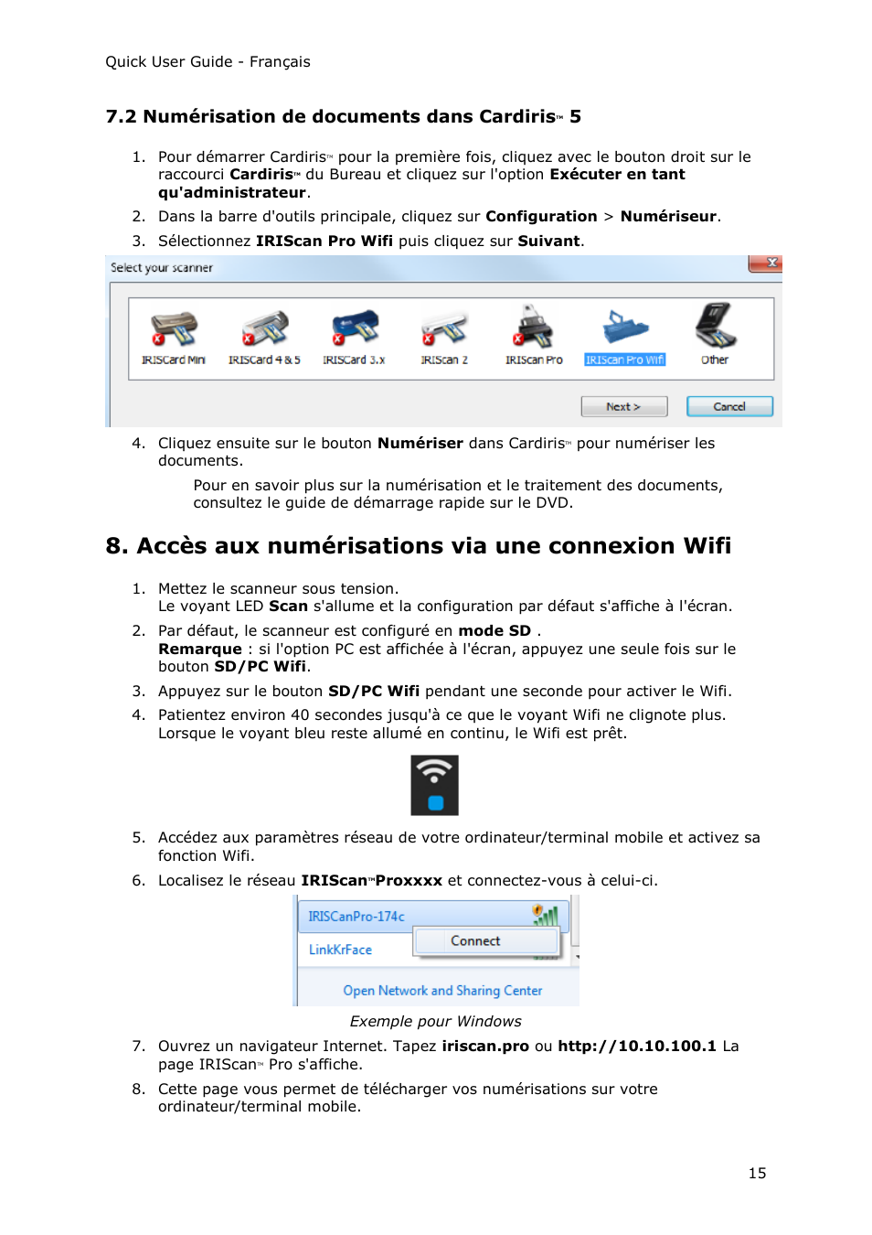 2 numérisation de documents dans cardiristm 5, Accès aux numérisations via une connexion wifi, 2 numérisation de documents dans cardiris | I.R.I.S. IRIScan Pro 3 Wi-Fi Quick Start User Manual | Page 25 / 166