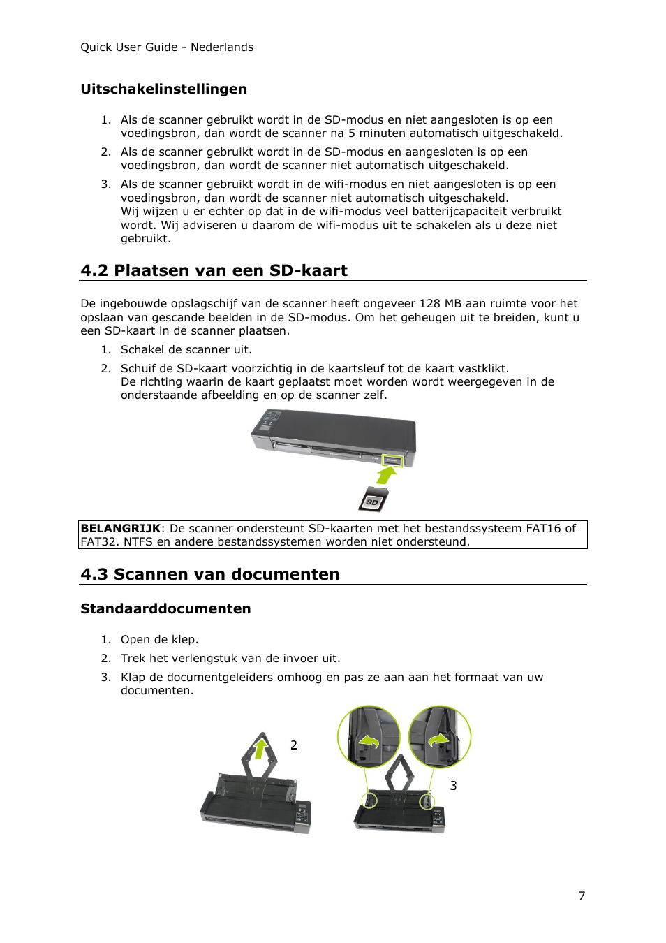 Uitschakelinstellingen, 2 plaatsen van een sd-kaart, 3 scannen van documenten | Standaarddocumenten | I.R.I.S. IRIScan Pro 3 Wi-Fi Quick Start User Manual | Page 32 / 166