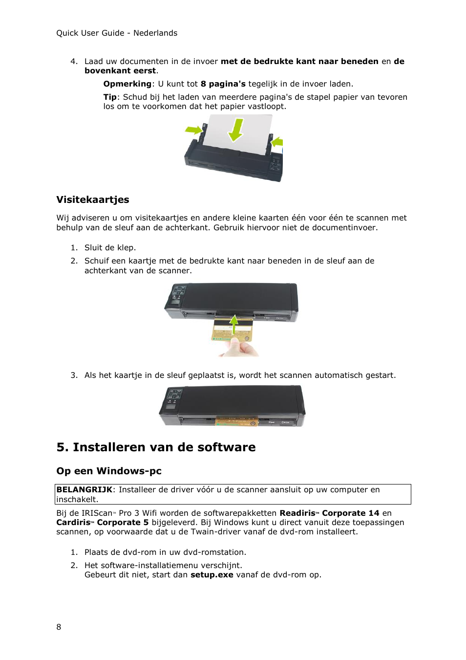 Visitekaartjes, Installeren van de software, Op een windows-pc | I.R.I.S. IRIScan Pro 3 Wi-Fi Quick Start User Manual | Page 33 / 166