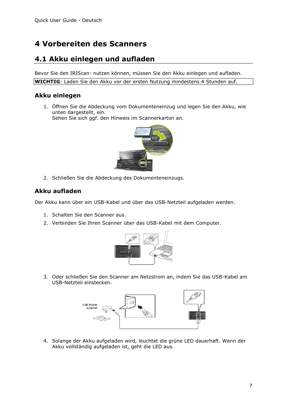 4 vorbereiten des scanners, 1 akku einlegen und aufladen, Akku einlegen | Akku aufladen | I.R.I.S. IRIScan Pro 3 Wi-Fi Quick Start User Manual | Page 44 / 166