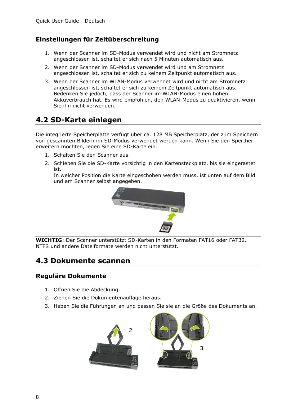 Einstellungen für zeitüberschreitung, 2 sd-karte einlegen, 3 dokumente scannen | Reguläre dokumente | I.R.I.S. IRIScan Pro 3 Wi-Fi Quick Start User Manual | Page 45 / 166