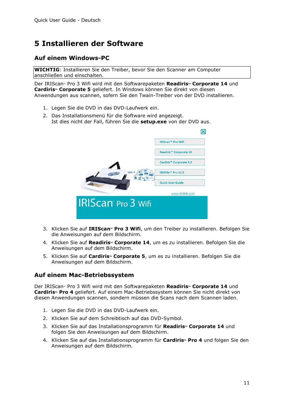 5 installieren der software, Auf einem windows-pc, Auf einem mac-betriebssystem | I.R.I.S. IRIScan Pro 3 Wi-Fi Quick Start User Manual | Page 47 / 166