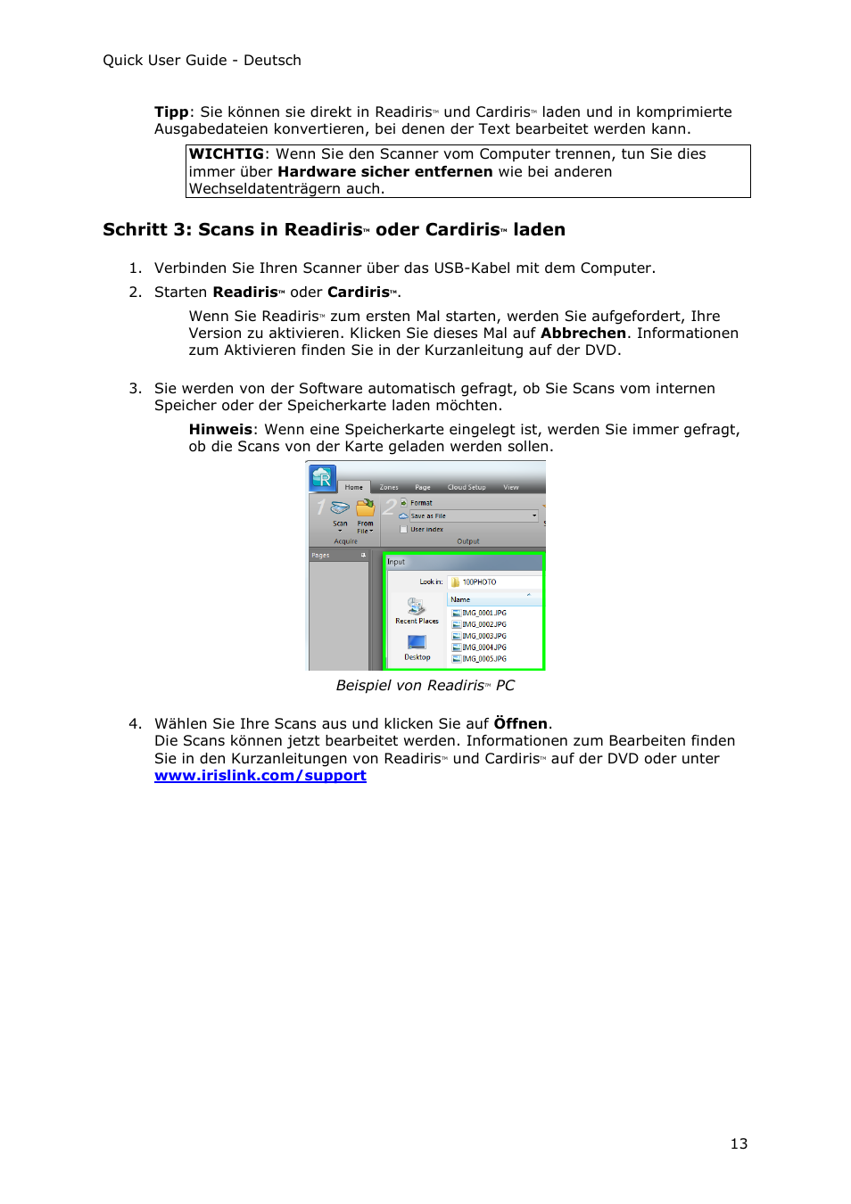 Schritt 3: scans in readiris, Oder cardiris, Laden | I.R.I.S. IRIScan Pro 3 Wi-Fi Quick Start User Manual | Page 49 / 166