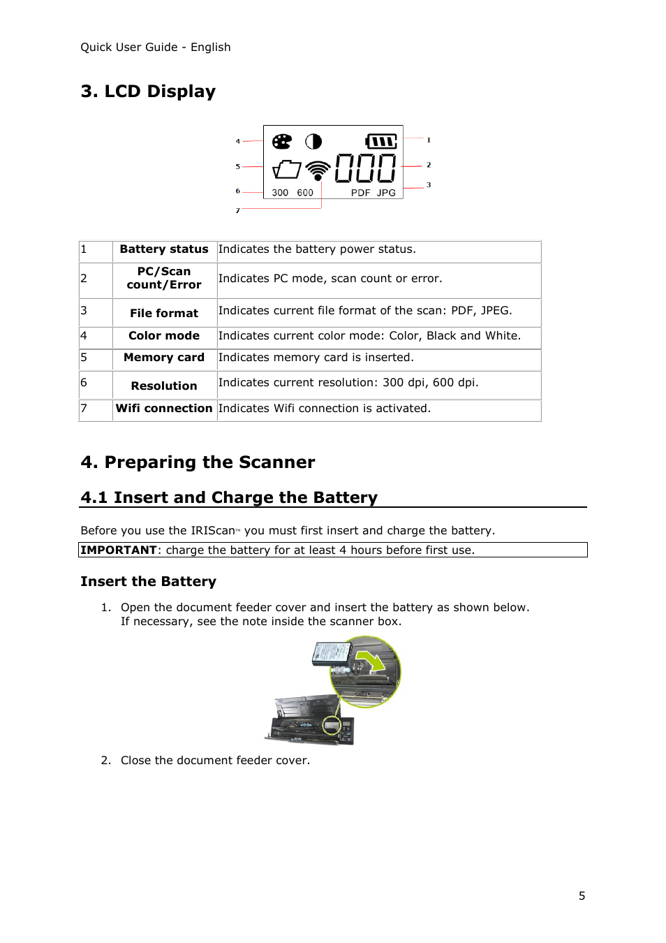 Lcd display, Preparing the scanner, 1 insert and charge the battery | Insert the battery | I.R.I.S. IRIScan Pro 3 Wi-Fi Quick Start User Manual | Page 5 / 166