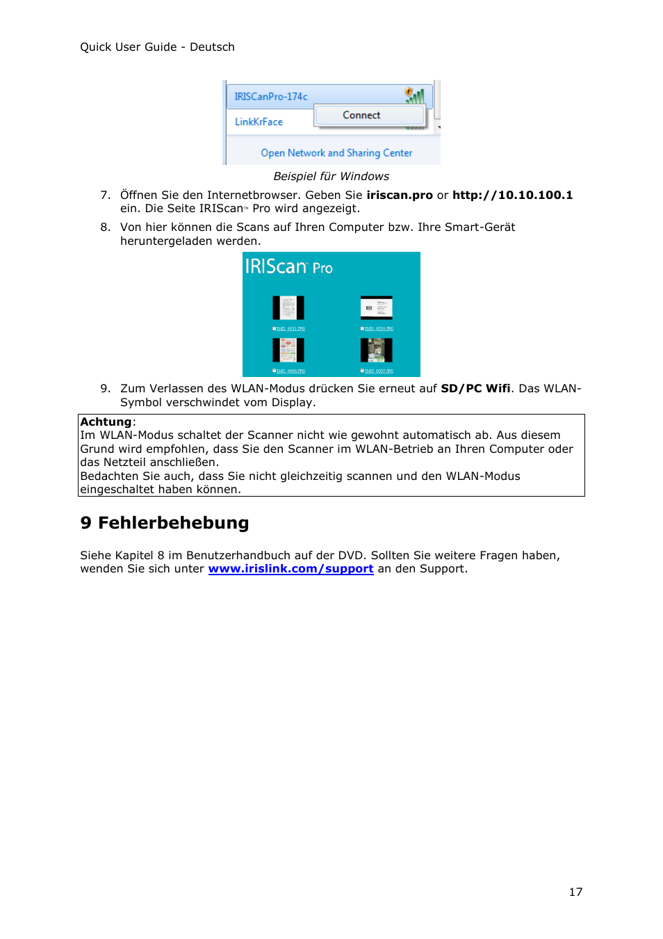 9 fehlerbehebung | I.R.I.S. IRIScan Pro 3 Wi-Fi Quick Start User Manual | Page 52 / 166